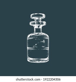 Perfume bottle, vector sketch. Graphic illustration of essential oil vial in engraving style. Used for perfume sticker, spa shop label etc.