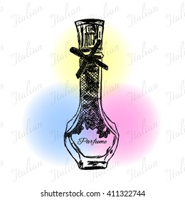 Perfume bottle vector. Trendy print. Fashion and Style Perfume. Hand drawn background of parfume. Doodle style.