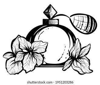Perfume bottle and violets, vector, monochrome
