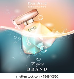 Perfume bottle water bubbles background. Realistic Vector Product gold packaging design mock ups