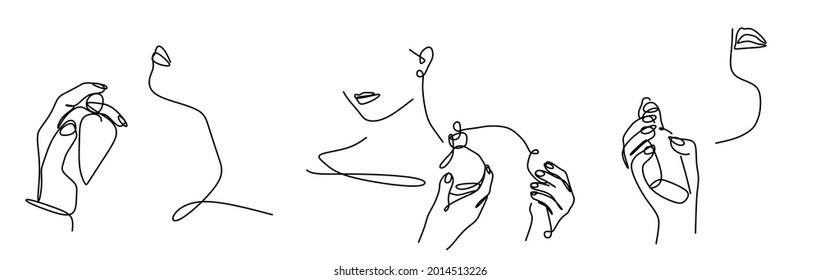 a perfume bottle in women's hands and a fragment of a woman's face with a continuous line in the style of minimalism