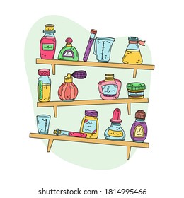 Perfume bottles, beakers and essential oils on the rack. Preparation of perfumes. Vector illustration