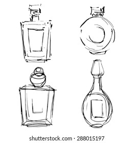 Perfume bottles black sketch hand drawn set closeup isolated on white background