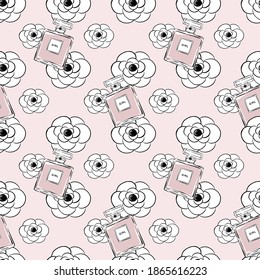 Perfume bottles with camellia flowers background. Fragrance bottle seamless pattern. Hand drawn perfumery illustration. Fashion beauty art sketch. Template for cards, flyers, banners.