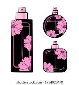 Botellas perfumadas de diferentes formas con flores