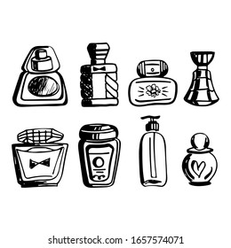 Las botellas de perfume se dibujan a mano. Conjunto gráfico de vectores. Todos los elementos están aislados.