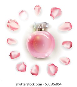 Perfume bottles and flower rose, petals and pearls. 3D illustration. Vector template