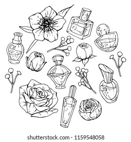 Perfume bottles and flowers, coloring picture