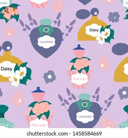 Perfume bottles and flowers in a seamless pattern design, that can be used both on the web or in print for surface design