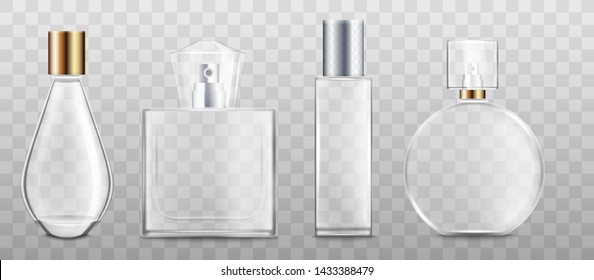 Perfume bottles or fragrance containers of various shapes 3d realistic vector illustration mockup isolated on transparent background. Perfumery and cosmetics packaging. svg