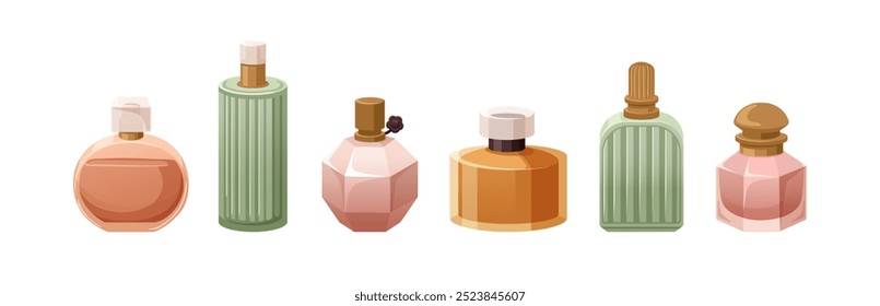 Perfume bottles with fragrant aroma, scented toilet water set. Eau de toilette, cosmetic products. Fragrance, perfumery in flasks, vials. Flat graphic vector illustration isolated on white background