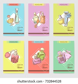 Perfume Bottles Hand Drawn Cards Template. French Aroma. Woman Beauty Shop Leaflet. Vector illustration