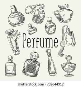 Perfume Bottles Hand Drawn Doodle. French Aroma. Woman Beauty Shop Sketch. Vector illustration