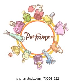 Perfume Bottles Hand Drawn Doodle. French Aroma. Woman Beauty Shop Design. Vector illustration