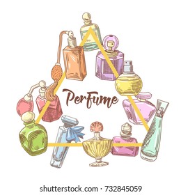 Perfume Bottles Hand Drawn Doodle. French Aroma. Woman Beauty. Vector illustration
