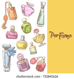 Perfume Bottles Hand Drawn Doodle. French Aroma. Woman Beauty. Vector illustration