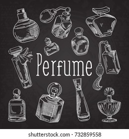 Perfume Bottles Hand Drawn Doodle on Chalkboard. French Aroma. Woman Beauty Shop Blackboard. Vector illustration