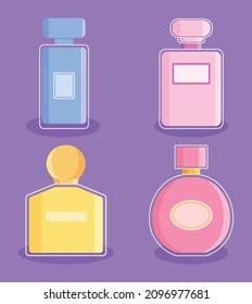perfume bottles icon set on purple background