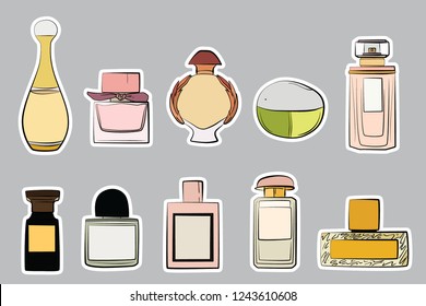 Perfume bottles icons. Eau de parfum background. Eau de toilette. Beautiful perfume vector set isolated on white background. Fashion illustration