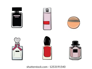 Perfume bottles icons. Eau de parfum background. Eau de toilette. Beautiful perfume vector set isolated on white background. Fashion illustration