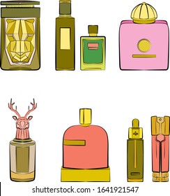 Perfume bottles icons seamless pattern. Eau de parfum background. Eau de toilette. Beautiful perfume vector set vector isolated on white backgrounda