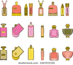 Perfume bottles icons seamless pattern. Eau de parfum background. Eau de toilette. Beautiful perfume vector set vector isolated on white background