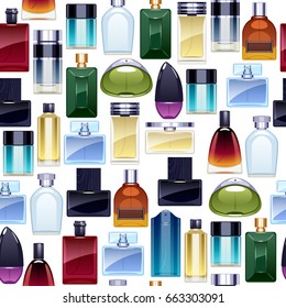 Perfume bottles icons seamless pattern. Eau de parfum background. Eau de toilette.