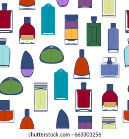 Perfume bottles icons seamless pattern. Eau de parfum background. Eau de toilette.