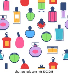 Perfume bottles icons seamless pattern. Eau de parfum background. Eau de toilette.