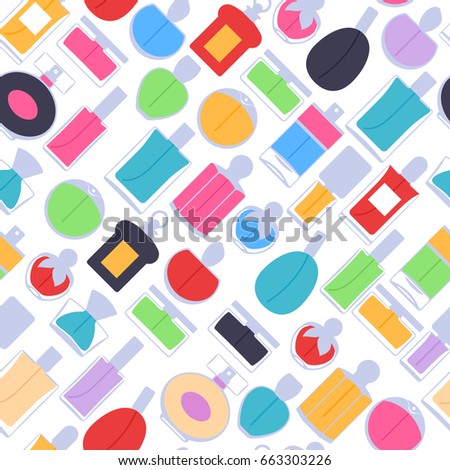 Perfume bottles icons seamless pattern. Eau de parfum background. Eau de toilette.