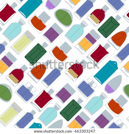 Perfume bottles icons seamless pattern. Eau de parfum background. Eau de toilette.