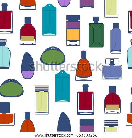 Perfume bottles icons seamless pattern. Eau de parfum background. Eau de toilette.