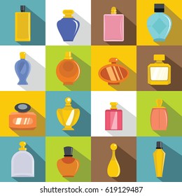 Perfume bottles icons set. Flat illustration of 16 perfume bottles vector icons for web