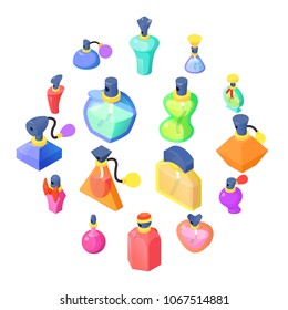 Perfume bottles icons set. Isometric illustration of 16 perfume bottles vector icons for web