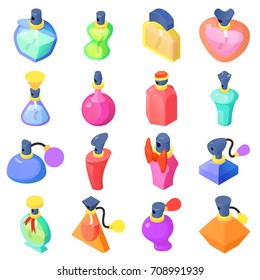 Perfume bottles icons set. Isometric illustration of 16 perfume bottles vector icons for web