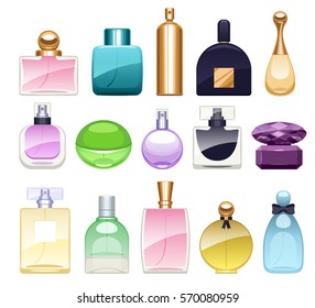 Perfume bottles icons set vector illustration. Eau de parfum. Eau de toilette.