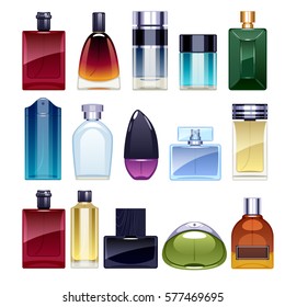 Perfume bottles icons set vector illustration. Eau de parfum. Eau de toilette.