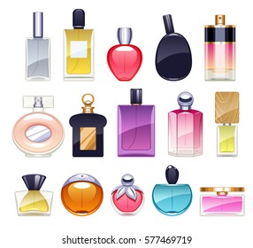 Perfume bottles icons set vector illustration. Eau de parfum. Eau de toilette.