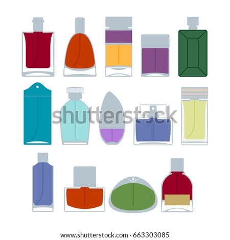 Perfume bottles icons set vector illustration. Eau de parfum. Eau de toilette.
