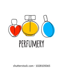 Perfume bottles icons vector illustration. Eau de parfum. Eau de toilette. Doodle sketch style.