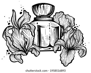 Perfume bottles with iris flowers around, momochrome vector