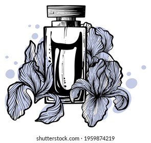 Perfume bottles with iris flowers around, color vector