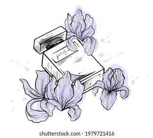 Perfume bottles with iris flowers around, color vector