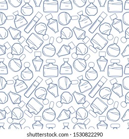 Perfume bottles on white background seamless vector pattern. Seamless pattern of flat vector contours of perfume bottles