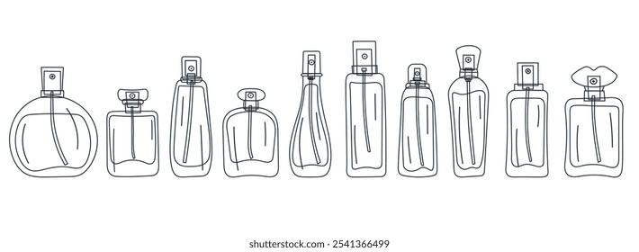 Frascos de perfume um conjunto de linhas. Ilustração vetorial de ícones de frascos de perfume em estilo contínuo. Frasco de perfume moderno linha única.