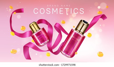 Perfume bottles with pink silk ribbon and golden confetti. Vector realistic brand poster with glass bottles for face care cosmetics, premium fragrance product. Promo banner, advertising background