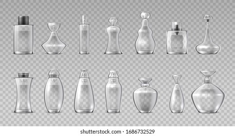 Perfume bottles. Realistic 3D glass containers for fragrance water, aroma cosmetic spray flask. Vector container makeup glossy cristales vial set on transparent background