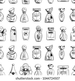 Perfume bottles seamless pattern in black and white.  Fashion background in vector.