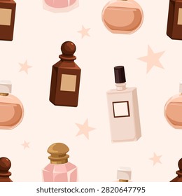 Perfume bottles, seamless pattern. Odor jars, toilet water, parfum, endless background. Eau de toilette, perfumery, repeating print for package, wrapping design. Flat vector illustration