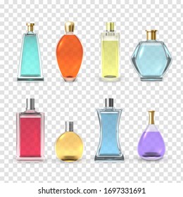 Perfume bottles set, aroma and fragrance collection. Aromatherapy tubes. Vector realistic perfume illustration on white background svg